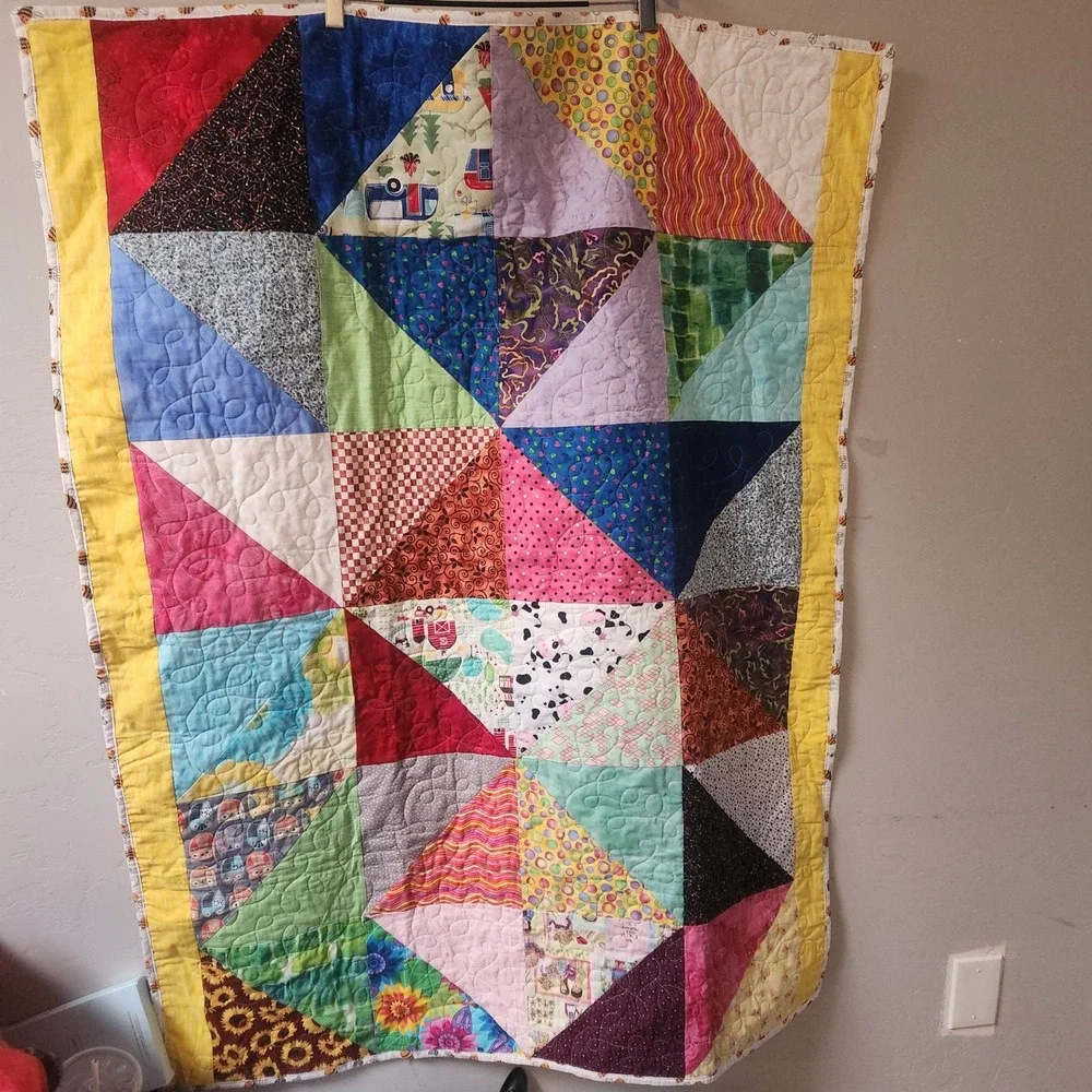Handmade Patchwork Baby Quilt 41x55 Bee Print Cotton Reversible Nursery Decor